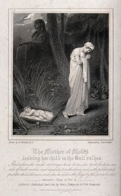 The mother of Moses sadly abandons her child by the river Nile
