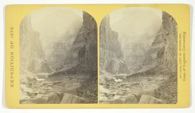 The mouth of Kanab Creek. The beds of the Colorado River and its tributary here lie in gorges cut by the running water to the depth of about 3.500 feet below the general surgace of the country. The highest point seen in the picture is 2.500 feet abov