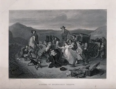 The murder of Archbishop Sharp: he is lying on the ground before his coach, his daughter is restrained from attending him as one of the surrounding men draws his sword