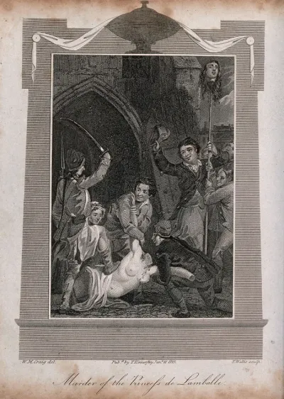 The murder of Maria-Theresa of Savoy-Carignan, Princess of Lamballe: French revolutionaries dragging her naked, headless, body along the streets of Paris with her head on a pike
