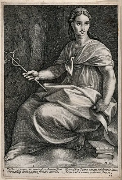 The Muse Polyhymnia seated with attributes of eloquence: a scroll, two books, and a caduceus