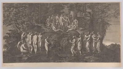 The musical contest between the Muses on one side and the Pierides on the other, judged by the gods of Olympus