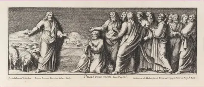 The naming of Saint Peter as Head of the Church, after Raphael's Stanza dell'incendio del Borgo, from a series of 15 plates, depicting Raphael's works for the Vatican stanze and the Sistine Chapel tapestries