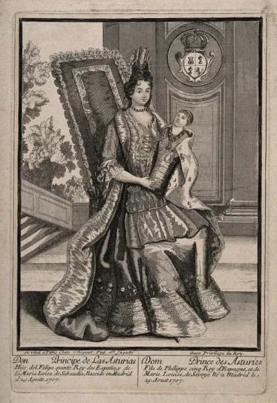 The new born son of Philip V of Spain being held by his mother Marie Louise of Savoy, born Madrid 25 August 1707