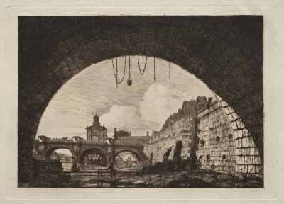 The New Bridge and the Samaritaine seen from under the First Arch of the Exchange Bridge, Paris