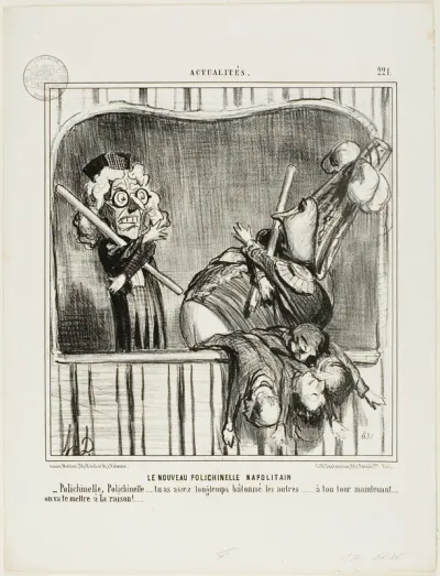The New Neapolitan Buffoon. “- Polichinelle, Polichinelle, you have cudgelled the others long enough... now it's your turn. We will bring you to reason...,” plate 221 from Actualités