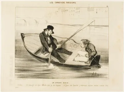 The Novice Sailor. “Devil... rowing is much more difficult than I thought! And to really enjoy myself I would rather stick peas.,” plate 19 from Les Canotiers Parisiens