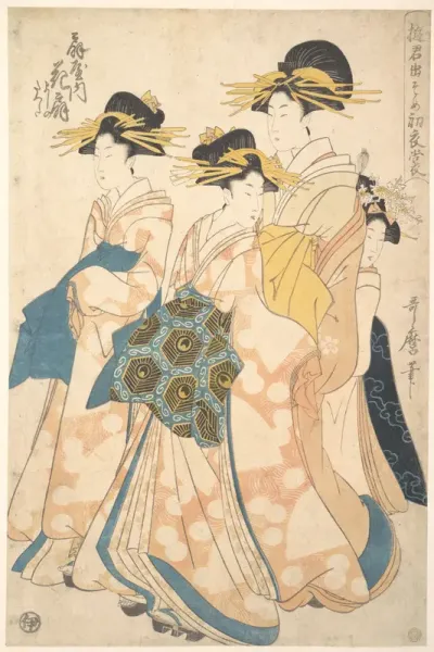 The Oiran Hanaogi of Ogiya attended by Two Shinzo and Her Kamuro Yoshino — Utamaro II Kanvas Tablo