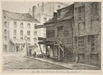 The Old Beach House, Corner of Cedar and Greenwich Streets, from "Scenes of Old New York"