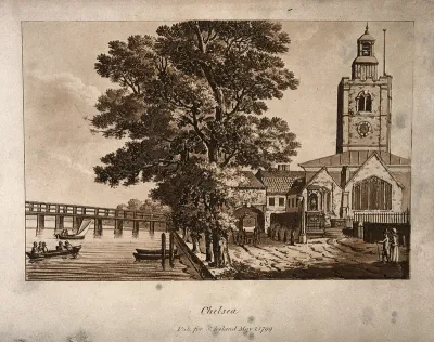 The Old Church, Chelsea, looking along the bank with luxuriant trees in the centre, boats on the river