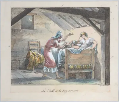 The Old Woman and the Two Maids, plate 118 from "Fables choisies de La Fontaine ornées de figures lithographiques..."