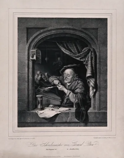 The old writing master sharpens his pen at the window with his students in the background