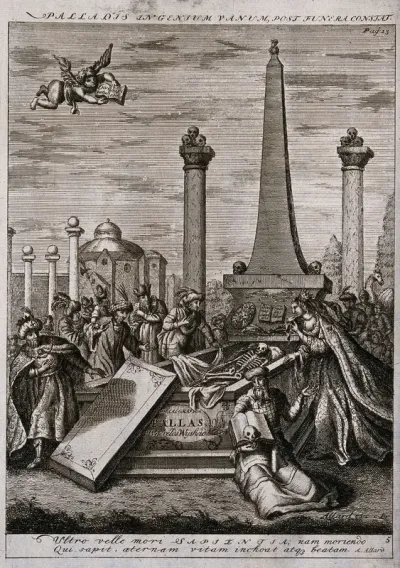 The open tomb of Pallas is visited by a group of visitors