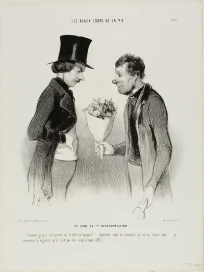 The Opening Night! “What! Even my porter offers me flowers!... Bless my soul, this comedy will cost me a fortune... I begin to regret that it hasn't been hissed off the stage altogether,” plate twelve from Les beaux jours de la vie