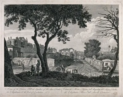 The Palatine, Rome: people sit under a tree and a man drives a cart, with the ruins of buildings and an aqueduct in the background