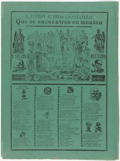 The pantheon of all the skeletons who are eating and drinking in a cemetery (Posada); flanked by skeletons holding scythes (Manilla)