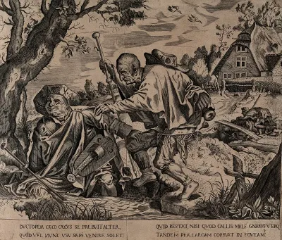 The parable of the blind leading the blind: two blind men walk into a stream