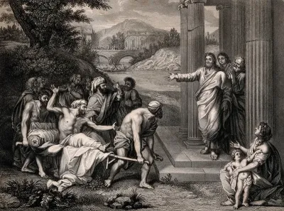 The paralytic is brought on a stretcher to Christ