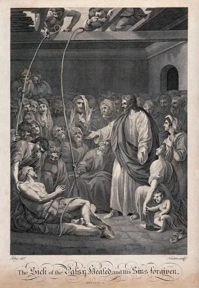 The paralytic is lowered through the roof of a crowded house so that Christ can reach him and cure him