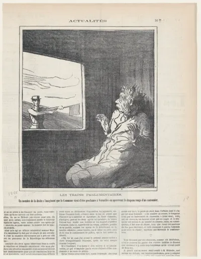 The parliamentary trains: A right wing deputy is shocked by the sight of the red flag of the signal-man, assuming that the Commune has been proclaimed at Versailles, from 'News of the day,' published in Le Charivari, January 22, 1872
