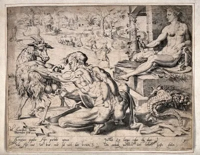 The patriarch Asher milking a goat, men ploughing and sowing the fields, and the goddess Ceres holding a scythe; a cornucopia lies on the ground