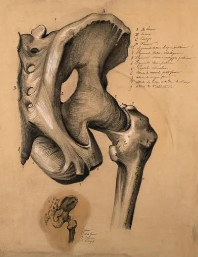 The pelvis, rear view: two studies, showing the bones and ligaments of the right-hand side of the pelvis