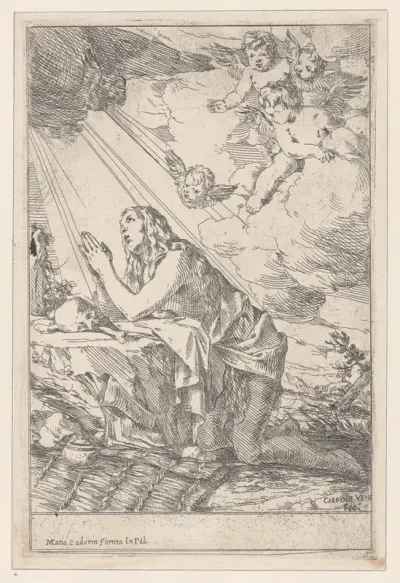 The Penitent Saint Mary Magdalene, kneeling before a skull and bones