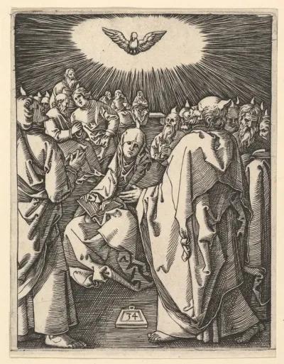 The Pentecost; the Holy Dove appears above, below sits the Virgin surrounded by Apostles, from "The Passion of Christ"