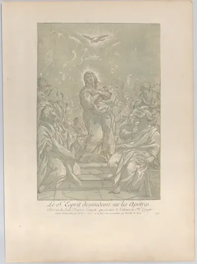 The Pentecost, with the Virgin standing at center, the Holy Spirit above, and Apostles on both sides