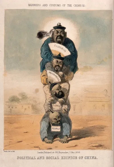 The people of China weighed down by the hierarchy of emperor, mandarins and priests
