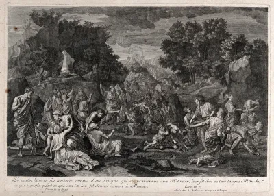 The people of Moses receive manna from heaven in the wilderness
