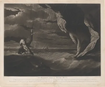 The Perilous Situation of Major Mony, When He Fell into the Sea with His Balloon on the 23rd of July, 1785, Off the Coast of Yarmouth; Most Providentially Discovered and Taken Up by the Argus Sloop, After Having Remained in the Water During Five Hour