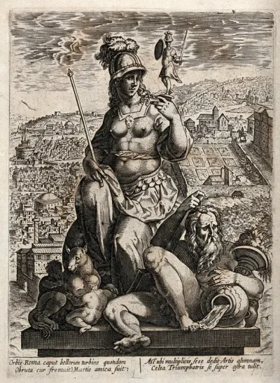 The personification of Rome sitting on a column, balancing the statue of Mars on her hand; next to her the river god Tiber and the she-wolf with Romulus and Remus, behind them the panorama of Rome; representing the city of Rome