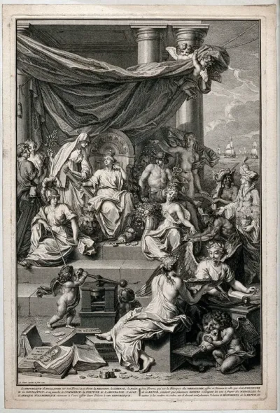 The personification of the Republic of Holland is surrounded by representations of religion, liberty, peace, navigation, commerce, fortune and abundance, as well as Asia, Africa and America; representing the glory of the Republic of Holland