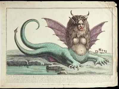 The "Peruvian harpy": a harpy with two tails, horns, fangs, winged ears, and long wavy hair