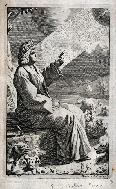 The philosopher and poet Lucretius pointing up at the revolving globe of Chance in the sky