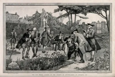 The Physic Garden, Chelsea: men botanizing in the garden, near the statue of Sir Hans Sloane, 1750