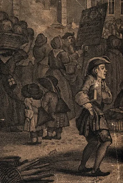 The piazza outside St Paul's church, Covent Garden, London, full of people selling their wares: a man is holding a placard advertising the products of Doctor Rock, a medicine vendor, and is holding up a bottle of the medicine