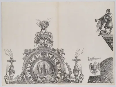 The Pinnacle of the Left Portal; and a Trumpeter and Standard from the Cupola of the Central Portal, from the Arch of Honor, proof, dated 1515, printed 1517-18
