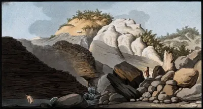 The Pisciarelli (a hot spring) issuing from the cone of the Solfatara, and a man bathing in the hot waters