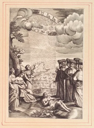 The planets and signs of the zodiac send down their influence on to the body of a man on earth; women representing nature (?) and medicine stand on the left, while scholars watch and dispute on the right