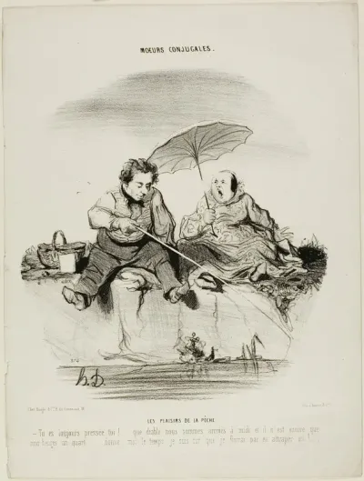 The Pleasures of Fishing. “- You are always in such a rush - Good God, we only just got here at noon and it is now only a quarter past five - Just give me a little more time, I am sure I'll end by catching one,” plate 50 from Moeurs Conjugales