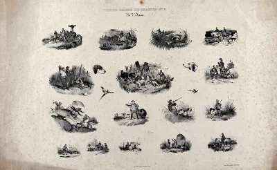 The pleasures of hunting illustrated in sixteen sketches showing hunting scenes interspersed with images of dogs and fowl
