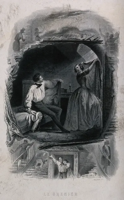The poet P.J. Béranger at the age of twenty sits on the bed in his garret while his girfriend Lisette covers the window with a shawl in the lack of a curtain. Engraving by C.L.V. Mauduit, 1847, after H. Pauquet