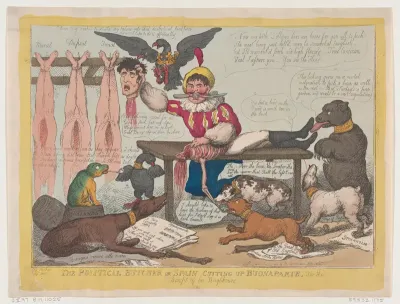 The Political Butcher, or Spain Cutting Up Buonaparte For The Benefit Of Her Neighbours