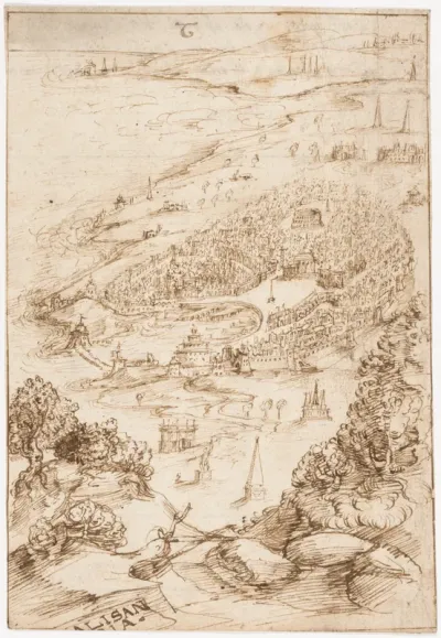 The Port City of Alexandria (? Allusion to Dinocrates's Building of Alexandria, Vitruvius, Book 2, introduction, no. 1) (recto); Fragmentary Writing ("Libro Primo...") (verso)