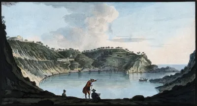 The Porto Pavone on the island of Nisida, showing the curved sides of a sunken crater; Pietro Fabris sketching and Sir William Hamilton in the foreground