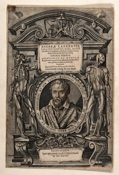The portrait of Andreas Laurentius (Dulaurens) within a frame decorated with a pediment, scrollwork and écorché figures