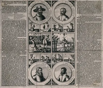 The portraits of Hendrick Daniels Slatius, Willem Perty and Jan and Abraham Blancaert surrounded by scenes of their violent deaths and their burials