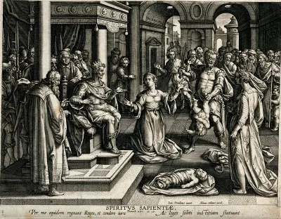 The power of wisdom: Solomon gives the order that a child should be cut in half to stop two women fighting over it